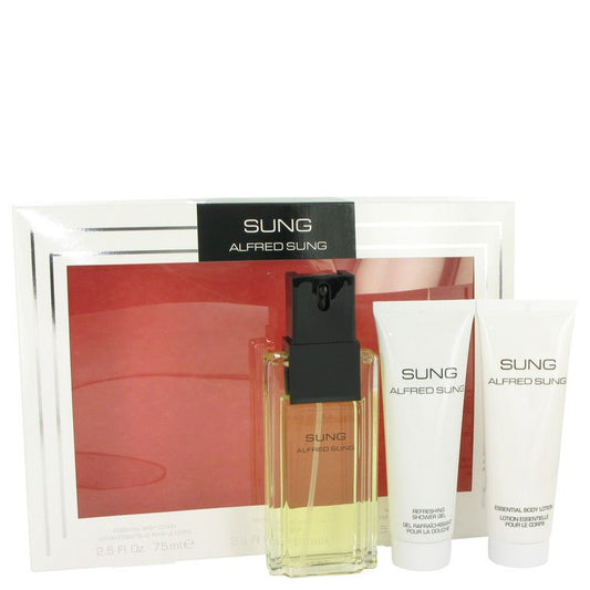 Alfred SUNG by Alfred Sung Gift Set -- 3.4 oz Eau De Toilette Spray + 2.5 oz Body Lotion + 2.5 oz Shower Gel for Women - Lamas Perfume
