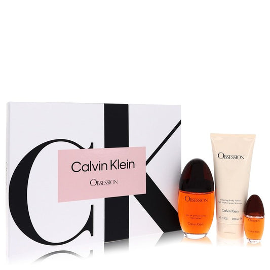 Obsession by Calvin Klein Gift Set -- 3.4 oz Eau De Parfum Spray + 6.7 oz Body Lotion + .5 oz Mini EDP Spray for Women - Lamas Perfume