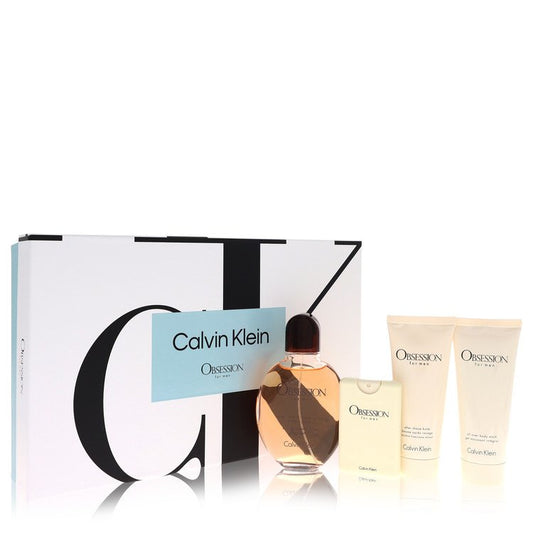 Obsession by Calvin Klein Gift Set -- 4.2 oz Eau De Toilette Spray + .67 oz Mini EDT Spray + 3.4 oz After Shave Balm + 3.4 oz Body Wash for Men - Lamas Perfume