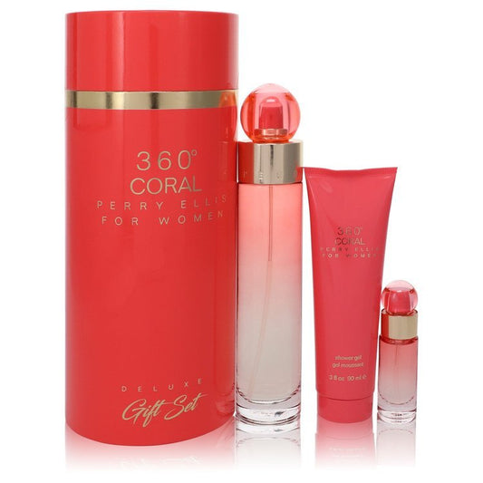 Perry Ellis 360 Coral by Perry Ellis Gift Set -- 3.4 oz Eau de Parfum Spray + .25 oz Mini EDP Spray + 3 oz Shower Gel for Women - Lamas Perfume