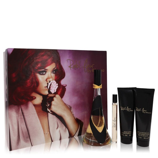 Reb'l Fleur by Rihanna Gift Set -- 3.4 oz Eau De Parfum Spray + 3 oz Body Lotion + 3 oz Shower Gel + .34 oz Mini EDP Spray for Women - Lamas Perfume