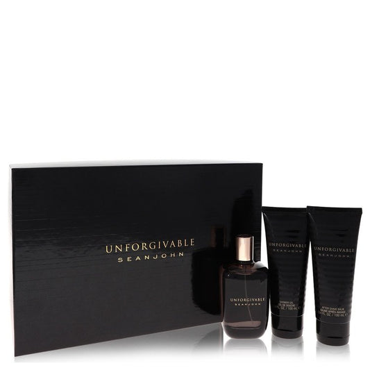 Unforgivable by Sean John Gift Set -- 4.2 oz Eau De Toilette Spray + 3.4 oz Shower Gel + 3.4 oz After Shave Balm for Men - Lamas Perfume